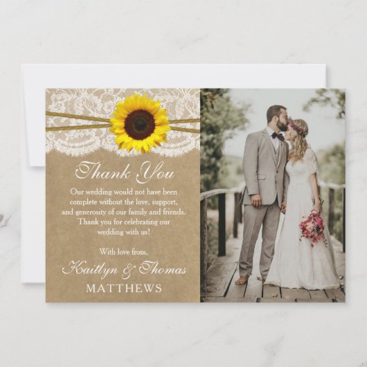 Het Collectie Kraft, Lace & Sunflower Wedding Bedankkaart (Voorkant)