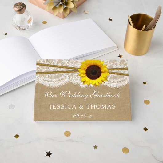 Het Collectie Kraft, Lace & Sunflower Wedding Gastenboek (Voorkant open)