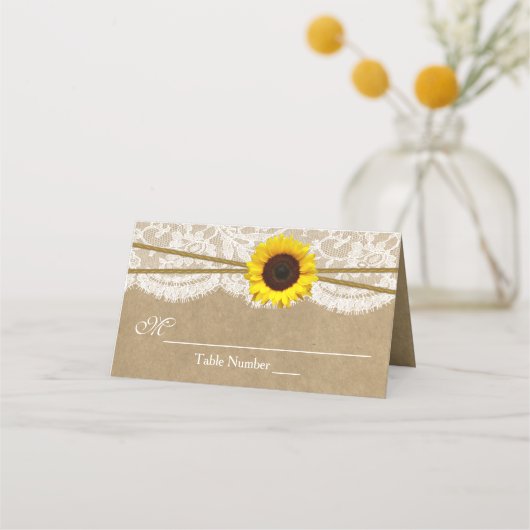 Het Collectie Kraft, Lace & Sunflower Wedding Plaatskaartje (Voorkant)