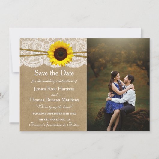Het Collectie Kraft, Lace & Sunflower Wedding Save The Date (Voorkant)
