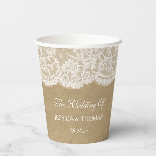Het Collectie Kraft & Lace Wedding Papieren Bekers (Achterkant)