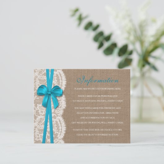 Het Collectie Rustic Blue Bow Wedding Informatiekaartje (Staand voorkant)