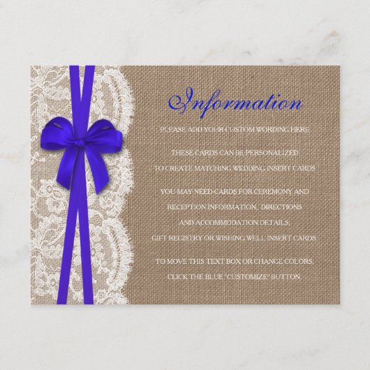 Het Collectie Rustic Blue Bow Wedding Informatiekaartje (Voorkant)