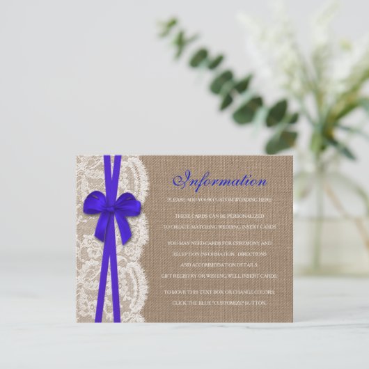 Het Collectie Rustic Blue Bow Wedding Informatiekaartje (Staand voorkant)