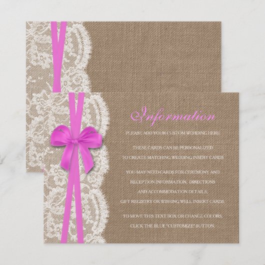 Het Collectie Rustic Pink Bow Wedding Informatiekaartje (Voorkant / Achterkant)
