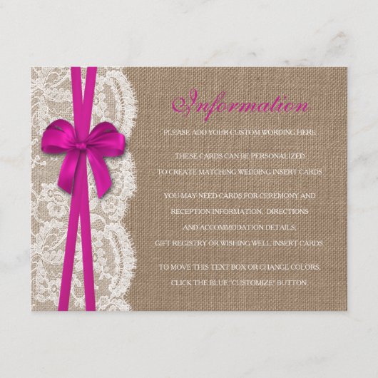 Het Collectie Rustic Pink Bow Wedding Informatiekaartje (Voorkant)