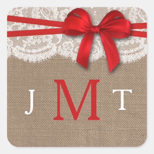 Het Collectie Rustic Red Bow Wedding Vierkante Sticker (Voorkant)