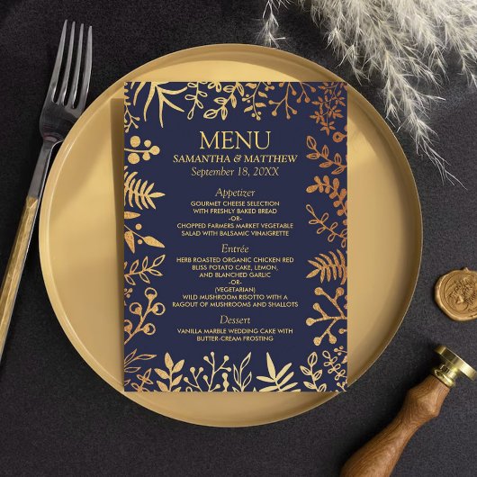 Het Collectie van de Elegant Navy & Gold Floral We Menu