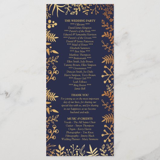 Het Collectie van de Elegant Navy & Gold Floral We Programmakaart (Achterkant)