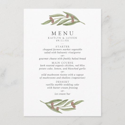 Het Collectie van de Olive Branch Wedding Menu (Voorkant)