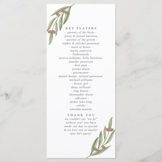 Het Collectie van de Olive Branch Wedding Programmakaart (Achterkant)