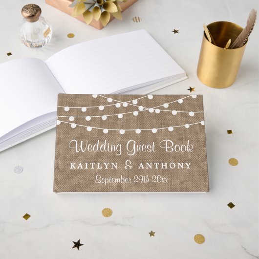 Het Collectie van de Rustic Burlap Lights Wedding Gastenboek (Voorkant open)