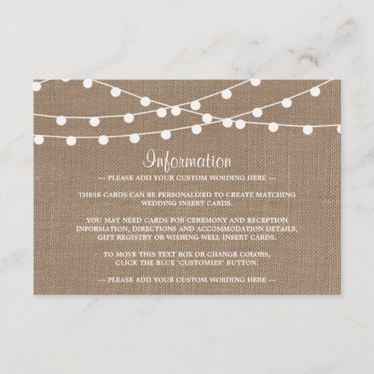 Het Collectie van de Rustic Burlap Lights Wedding Informatiekaartje (Voorkant)