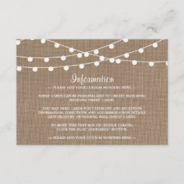 Het Collectie van de Rustic Burlap Lights Wedding Informatiekaartje