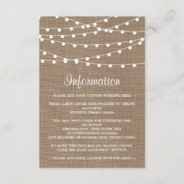 Het Collectie van de Rustic Burlap Lights Wedding Informatiekaartje