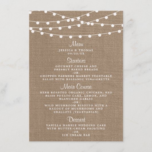 Het Collectie van de Rustic Burlap Lights Wedding Menu (Voorkant)