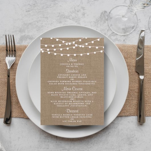 Het Collectie van de Rustic Burlap Lights Wedding Menu