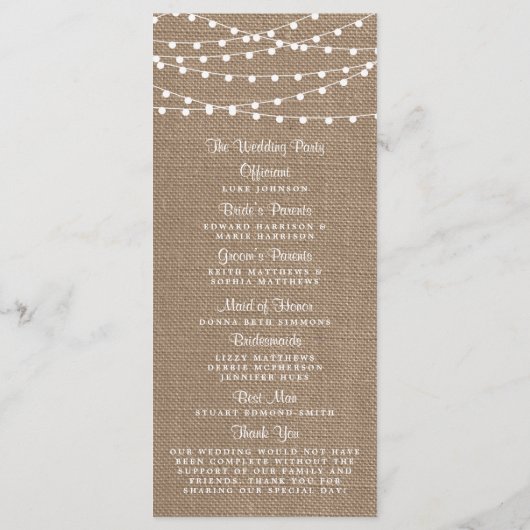 Het Collectie van de Rustic Burlap Lights Wedding Programmakaart (Achterkant)