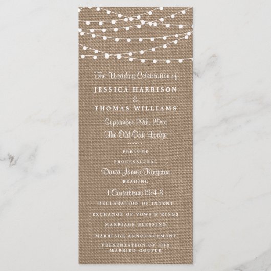 Het Collectie van de Rustic Burlap Lights Wedding Programmakaart (Voorkant)