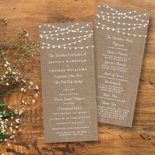 Het Collectie van de Rustic Burlap Lights Wedding Programmakaart