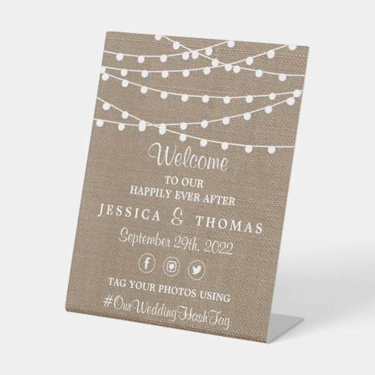 Het Collectie van de Rustic Burlap Lights Wedding Reclamebord Met Voetstuk (Voorkant)