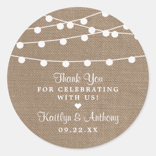 Het Collectie van de Rustic Burlap Lights Wedding Ronde Sticker (Voorkant)