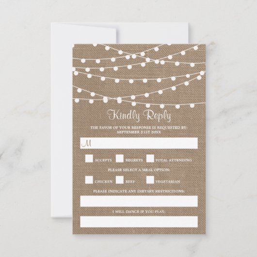 Het Collectie van de Rustic Burlap Lights Wedding RSVP Kaartje (Voorkant)