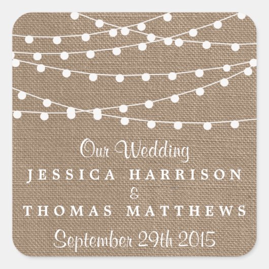 Het Collectie van de Rustic Burlap Lights Wedding Vierkante Sticker (Voorkant)