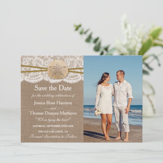 Het Collectie van de Rustic Sand Dollar Beach Wedd Save The Date (Staand voorkant)