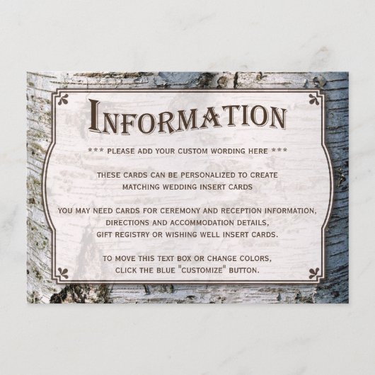 Het Collectie van de Rustic Silver Birch Tree Wedd Informatiekaartje (Voorkant)