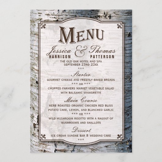 Het Collectie van de Rustic Silver Birch Tree Wedd Menu (Voorkant)