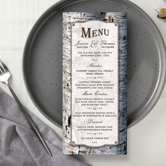 Het Collectie van de Rustic Silver Birch Tree Wedd Menu
