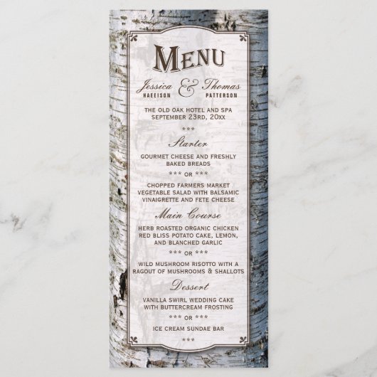 Het Collectie van de Rustic Silver Birch Tree Wedd Menu (Voorkant)