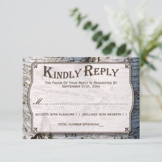 Het Collectie van de Rustic Silver Birch Tree Wedd RSVP Kaartje (Staand voorkant)