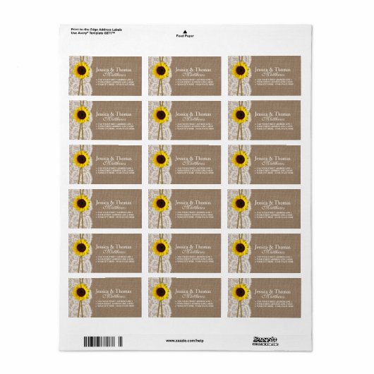 Het Collectie van de Rustic Sunflower Wedding Etiket (Full Sheet)