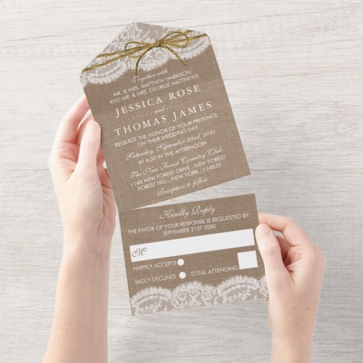 Het Collectie van de Rustic Twine Bow Wedding All In One Uitnodiging (Afscheurbaar)