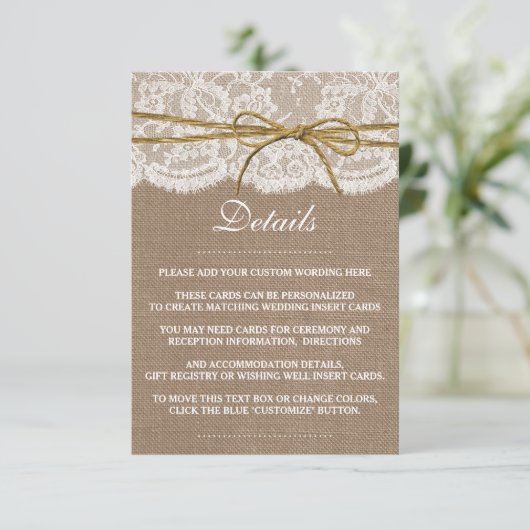 Het Collectie van de Rustic Twine Bow Wedding Informatiekaartje (Staand voorkant)