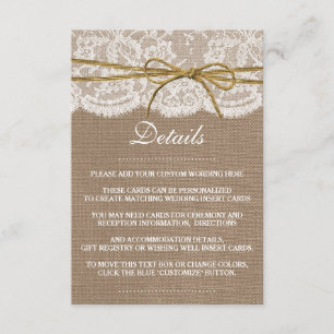 Het Collectie van de Rustic Twine Bow Wedding Informatiekaartje