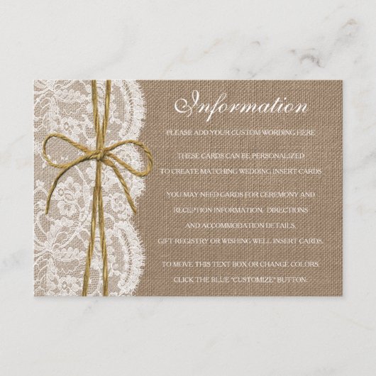 Het Collectie van de Rustic Twine Bow Wedding Informatiekaartje (Voorkant)