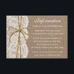 Het Collectie van de Rustic Twine Bow Wedding Informatiekaartje<br><div class="desc">Het rustieke twijnboog bruiloft collectie is een prachtig ontwerp met een mooie rustieke burlap effect achtergrond met een romantische witte kant effect trim afgewerkt een twijnlint en boog. Deze uitnodigingen kunnen worden gepersonaliseerd voor uw speciale gelegenheid en zou de perfecte inzetkaart maken voor elke rustieke bruiloft, vrijgezellenfeest, verlovingsfeest, verjaardagsfeestje en...</div>