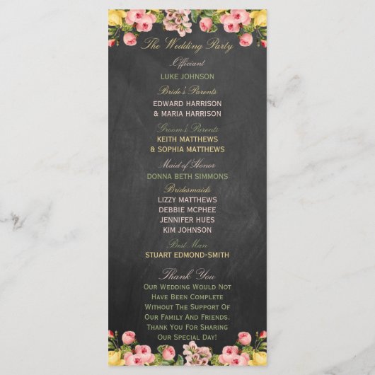 Het  Collectie van Floral Chalkboard Wedding Programmakaart (Achterkant)