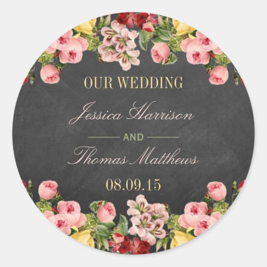 Het Collectie van Floral Chalkboard Wedding Ronde Sticker (Voorkant)