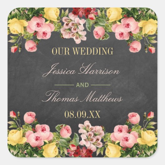 Het  Collectie van Floral Chalkboard Wedding Vierkante Sticker (Voorkant)