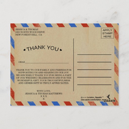 Het  Collectie van het Airmail Wedding Briefkaart (Achterkant)