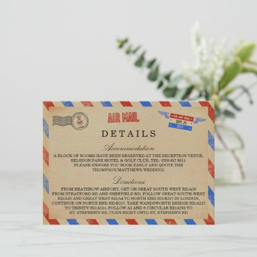 Het  Collectie van het Airmail Wedding Informatiekaartje (Staand voorkant)