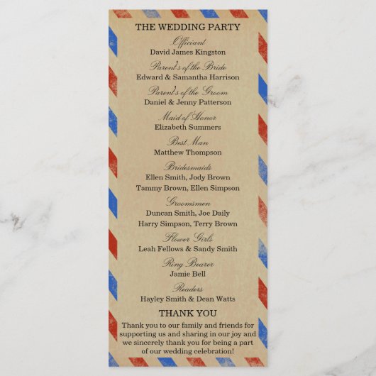 Het  Collectie van het Airmail Wedding Programmakaart (Achterkant)