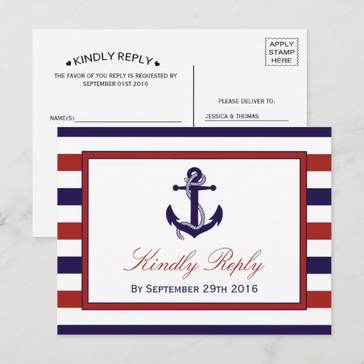 Het Collectie van het Rode en Navy Nautical Anchor Uitnodiging Briefkaart (Voorkant / Achterkant)