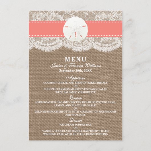 Het Coral Sand Dollar Bruiloft Collectie Menu (Voorkant)