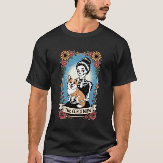 Het Corgi Moeder Skelet Gotisch Bloemendesign T-shirt (Voorkant)