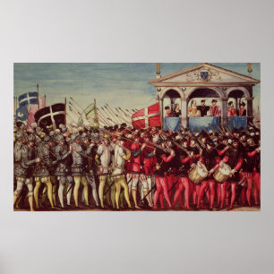 Het cortege van drummers en soldaten poster